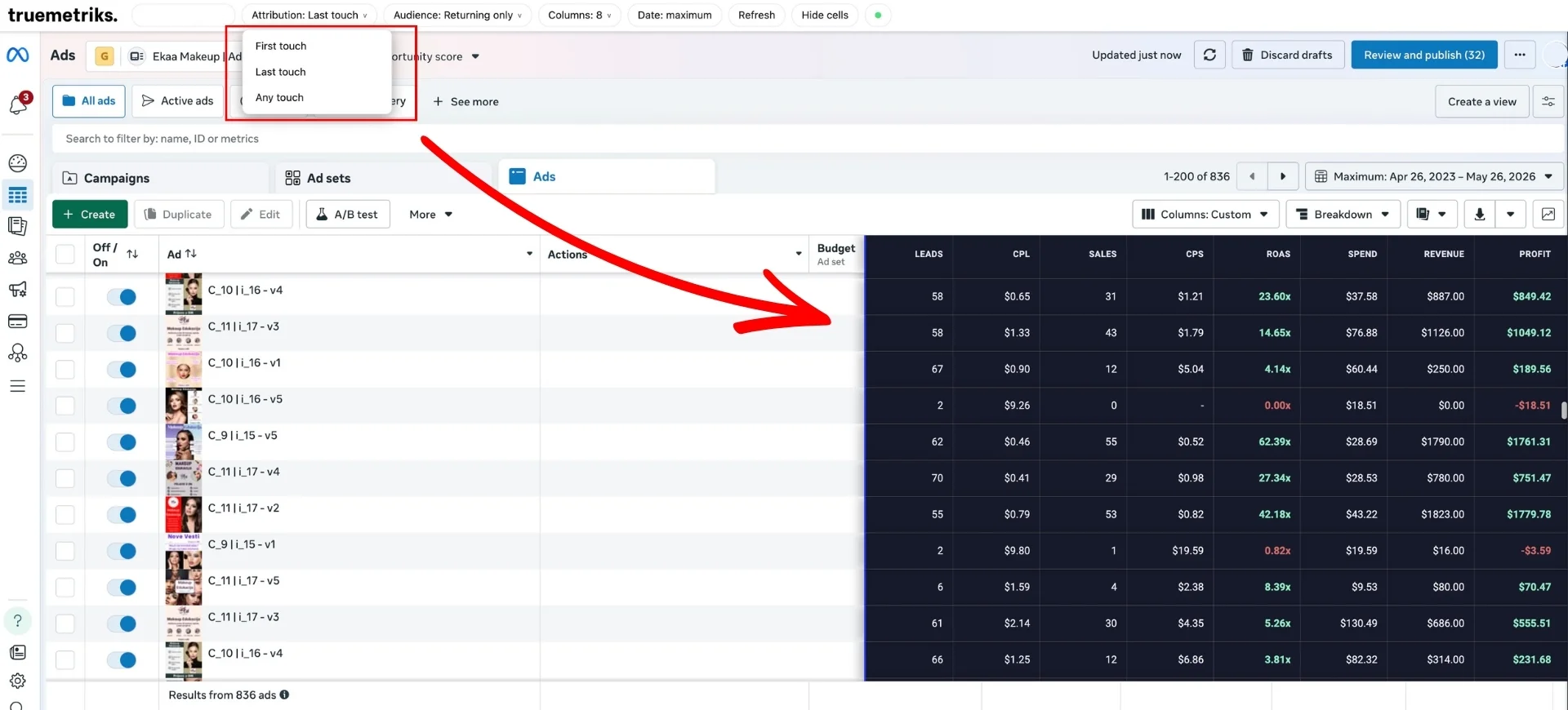 TrueMetriks Chrome extension overlaying a first, last and any-touch attribution toggle with leads, CPL, sales and CPS columns on Meta Ads Manager