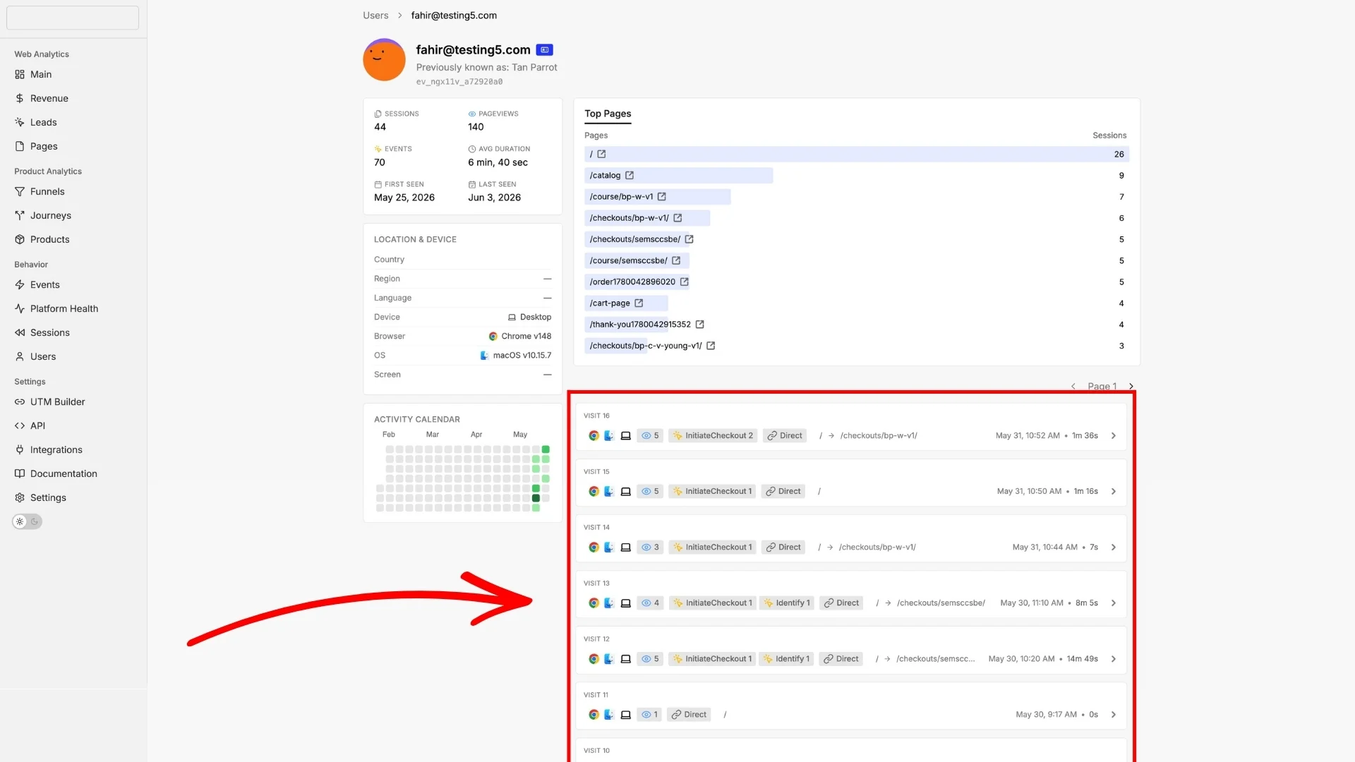 TrueMetriks user profile showing one visitor's full journey - session and pageview totals plus a timeline of visits with their events and sources