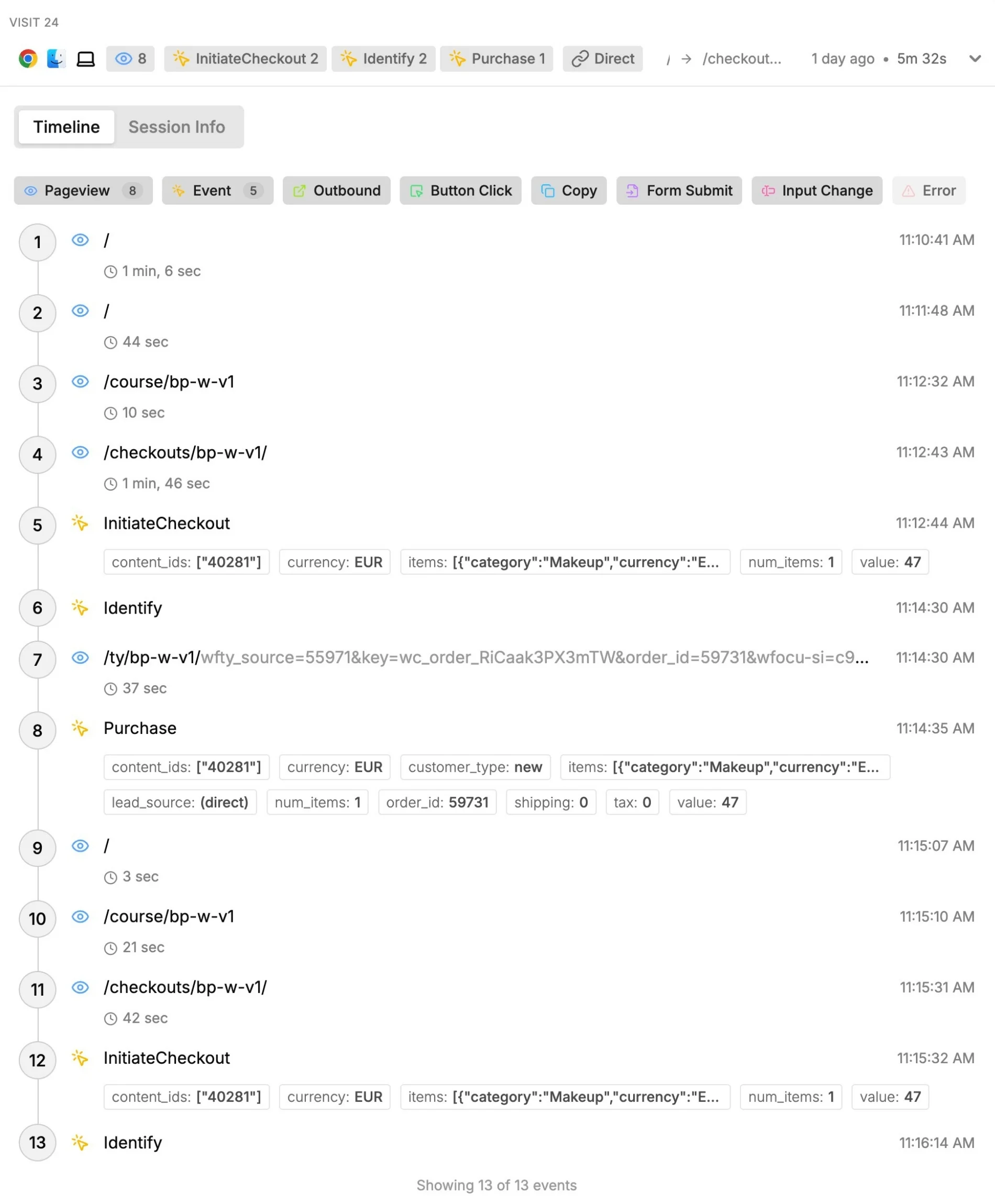Close-up of a single visitor's session timeline in TrueMetriks, each pageview and event such as InitiateCheckout, Identify and Purchase listed in order with timestamps