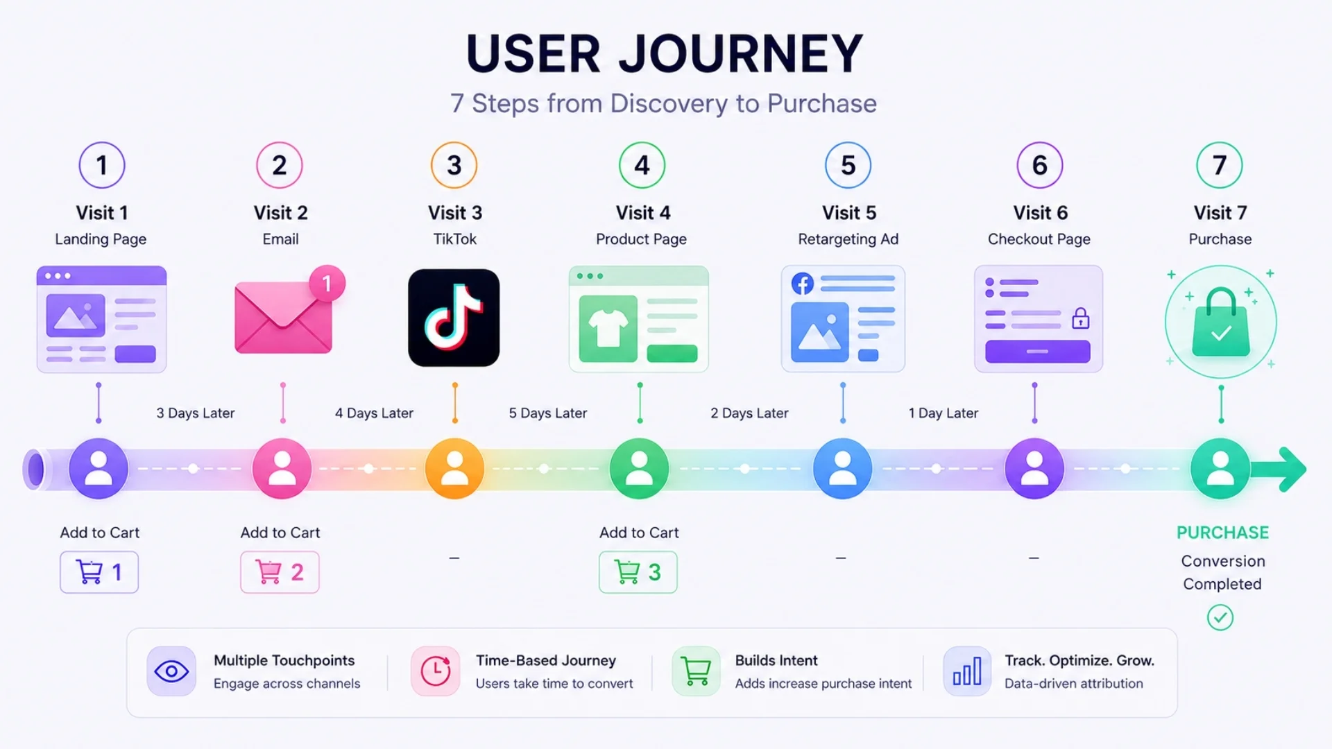 Infographic of a seven-step user journey from landing page, email and TikTok through retargeting and checkout to purchase