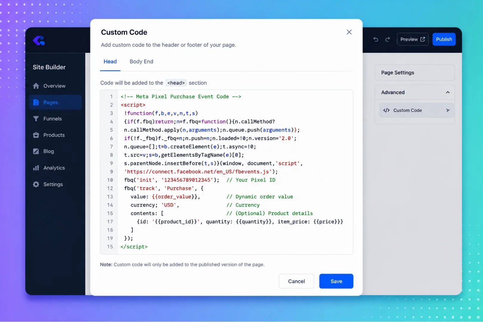 A website builder Custom Code panel with a Meta Pixel Purchase event script pasted into the page head section