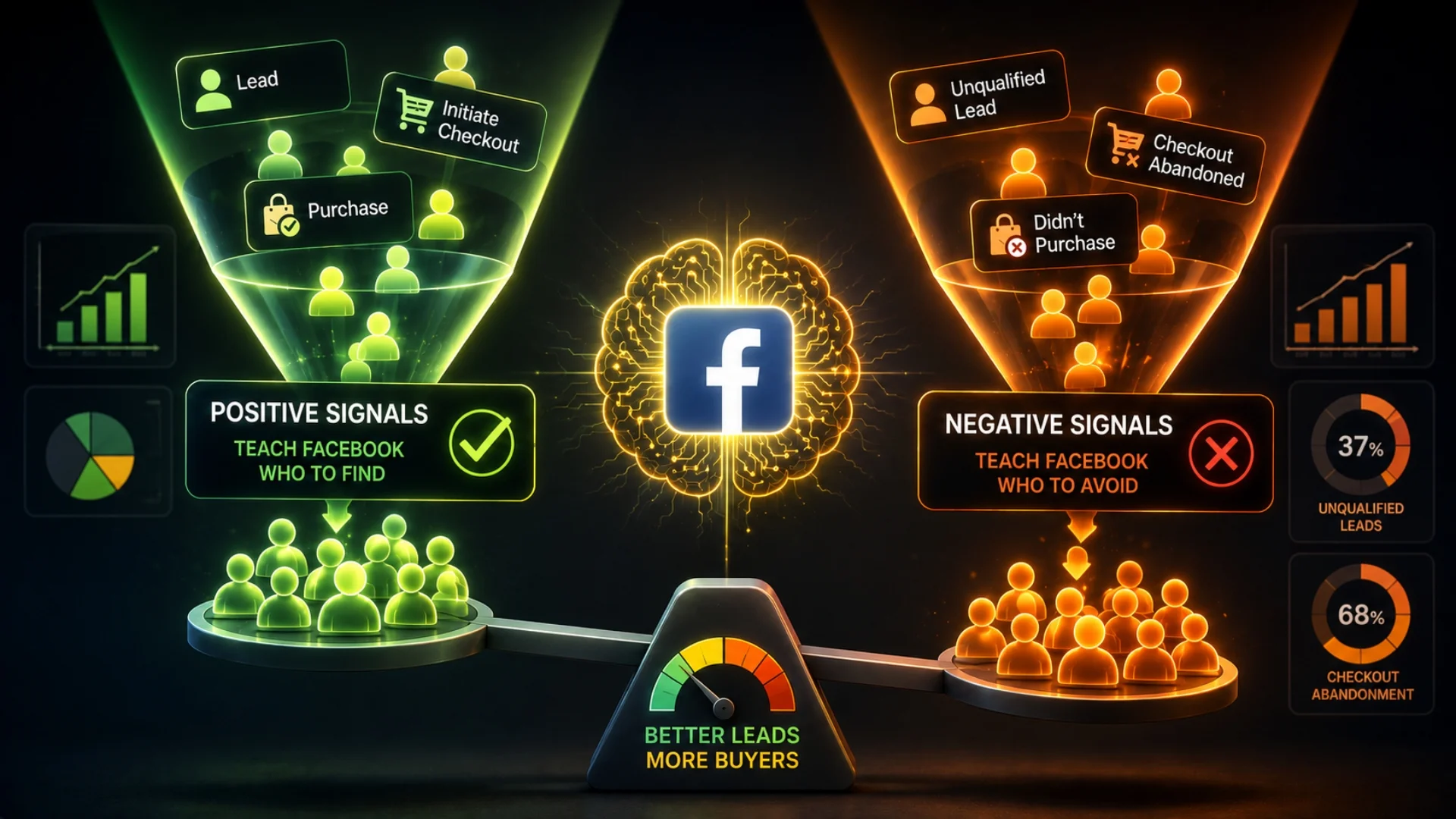 Split diagram of Facebook positive signals teaching the algorithm who to find versus negative signals teaching it who to avoid, balanced on a better-leads dial