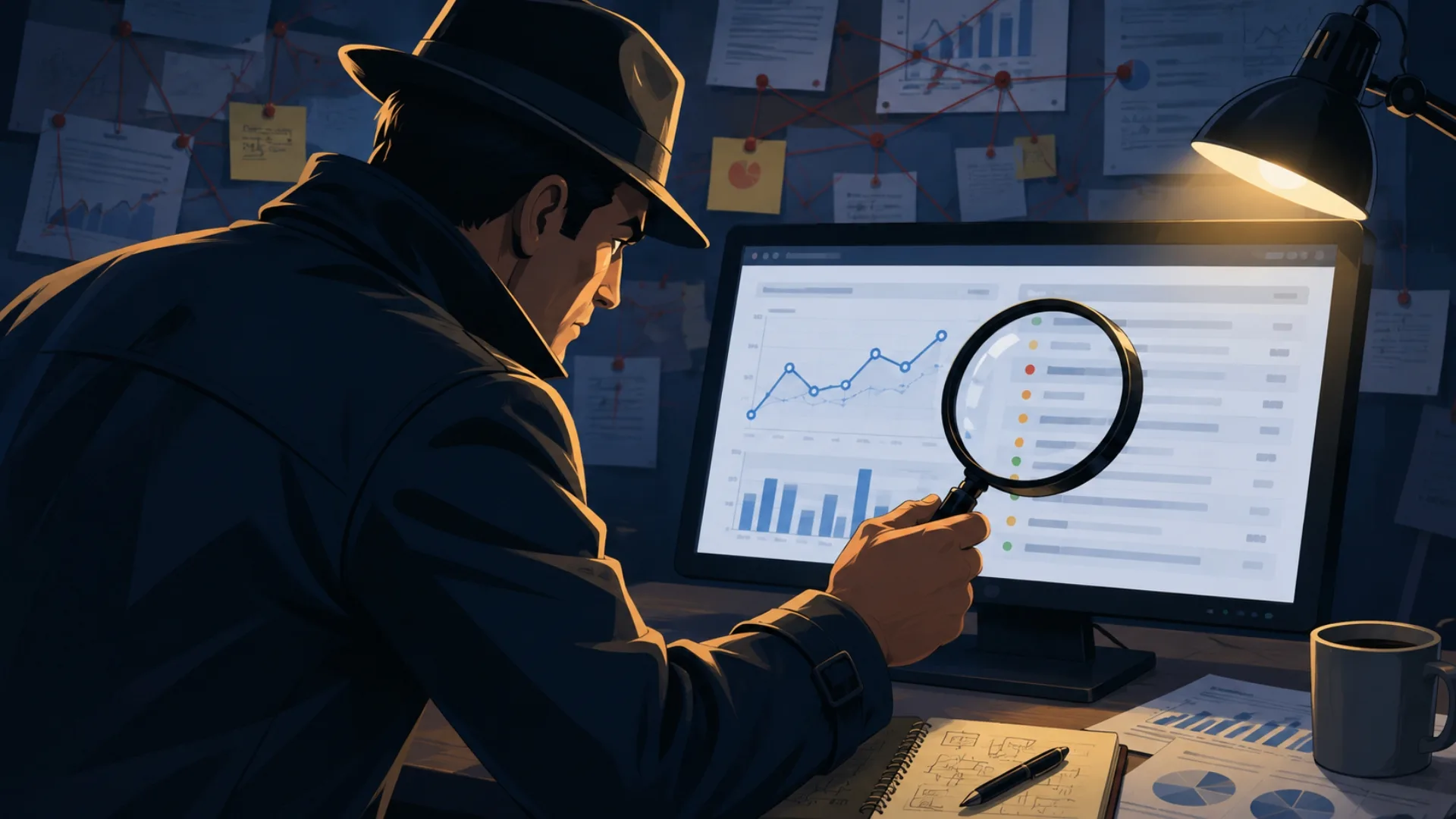 A detective in a hat inspecting an analytics dashboard through a magnifying glass, with charts and a string-linked evidence board behind him