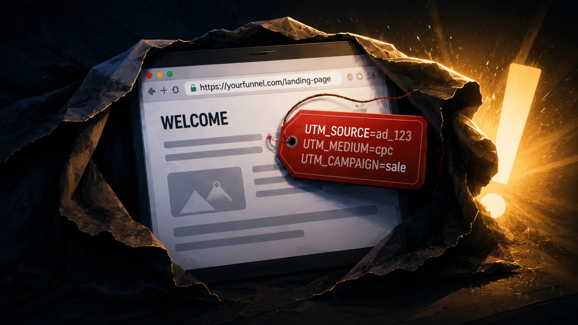 A browser at yourfunnel.com slash landing-page with a red price tag reading UTM_SOURCE equals ad_123, UTM_MEDIUM equals cpc, UTM_CAMPAIGN equals sale frozen onto the cached page