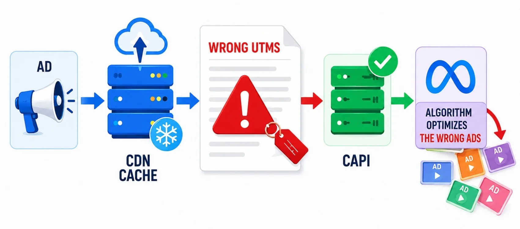 A left-to-right flow of flat icons: an ad, a frozen CDN cache, a document marked Wrong UTMs, a green-check CAPI server, and the Meta algorithm optimizing the wrong ads, with scattered ad tiles falling away