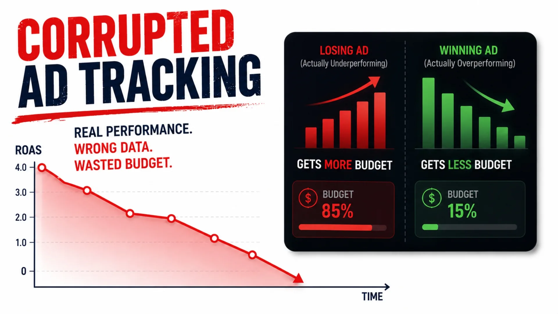 A declining red ROAS chart beside two panels showing a losing ad getting 85 percent of the budget and a winning ad getting 15 percent, under the headline Corrupted Ad Tracking