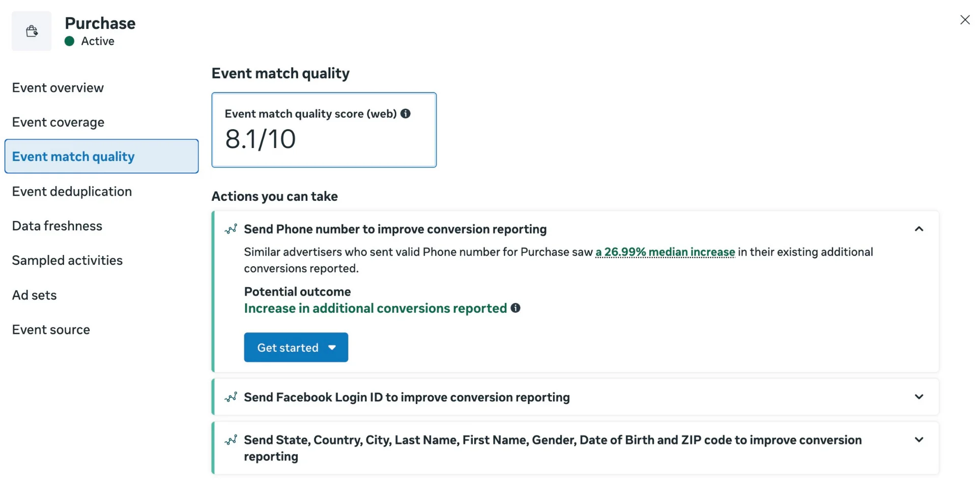 Facebook Event Match Quality dashboard showing a Purchase event scoring 8.1 out of 10 with suggested customer data fields to add