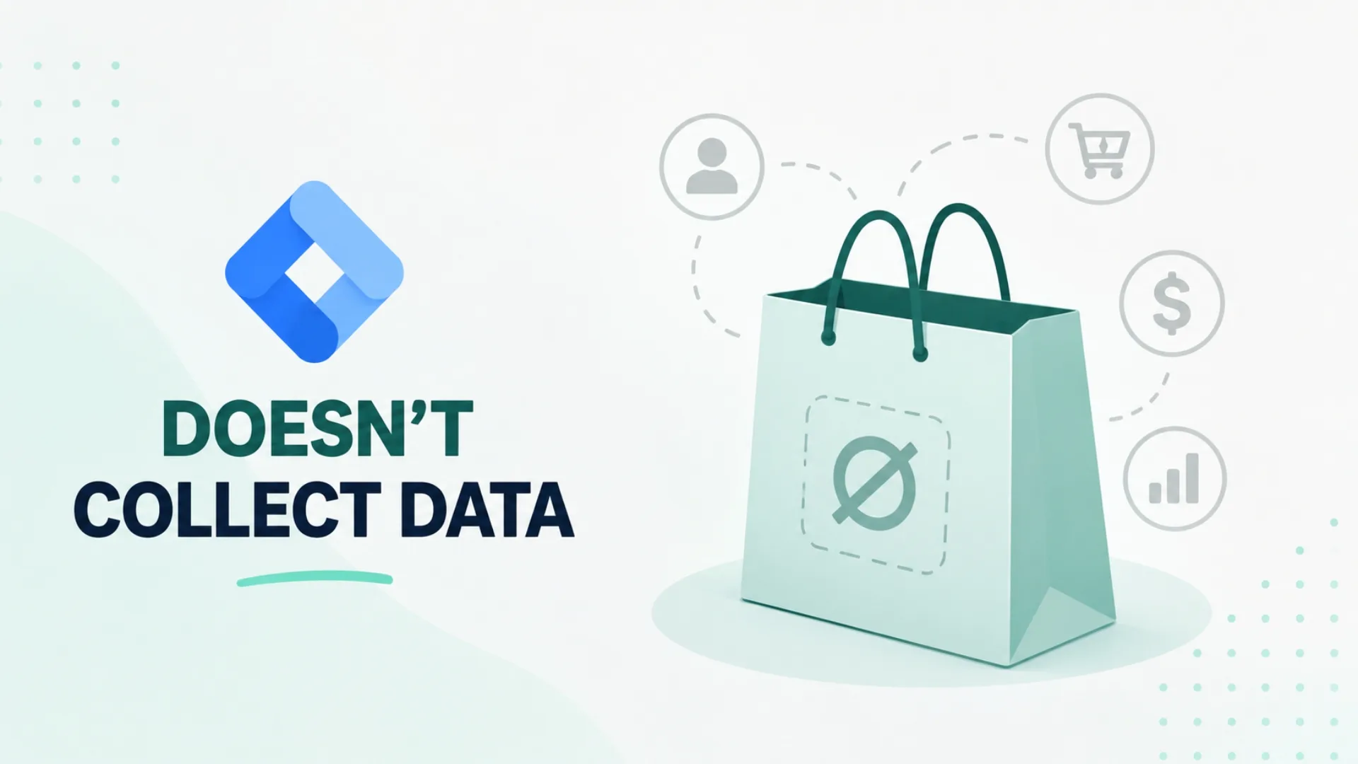The Google Tag Manager logo beside an empty shopping bag with a no-data symbol, surrounded by disconnected customer, cart, dollar and chart icons