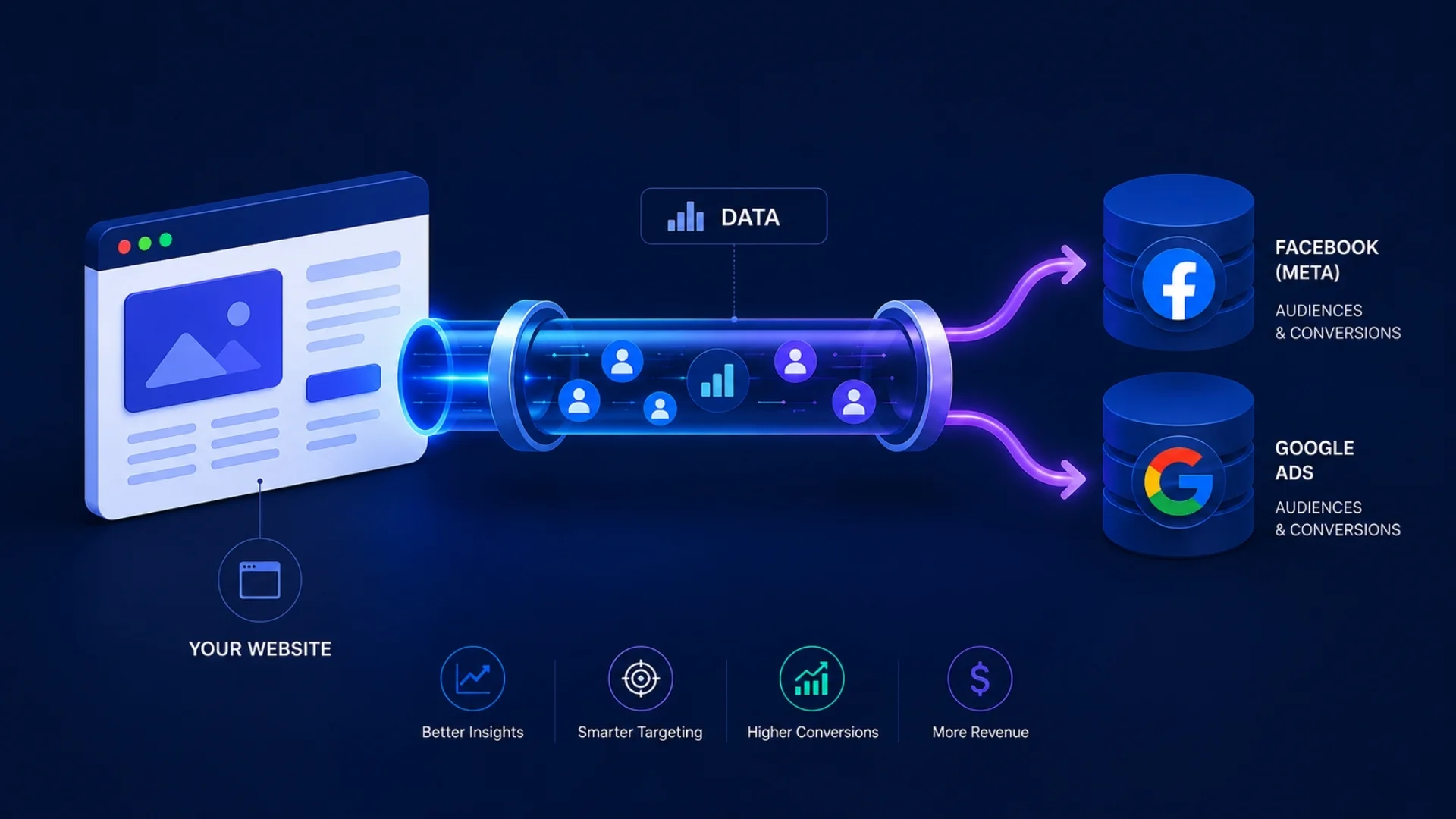 Diagram of conversion data flowing from a website through a tracking pipe to Facebook and Google Ads