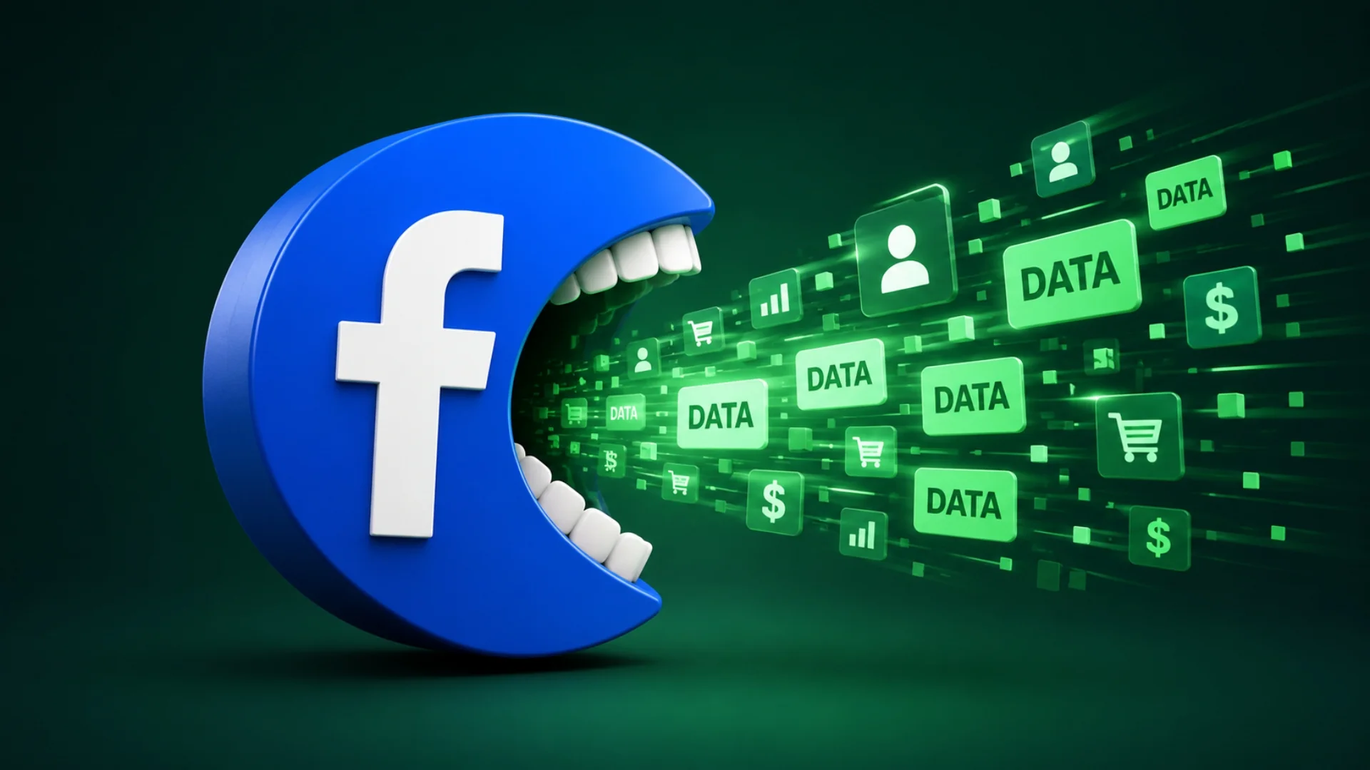 A blue Facebook logo shaped like an open mouth swallowing a stream of green DATA, profile, cart, and dollar tiles