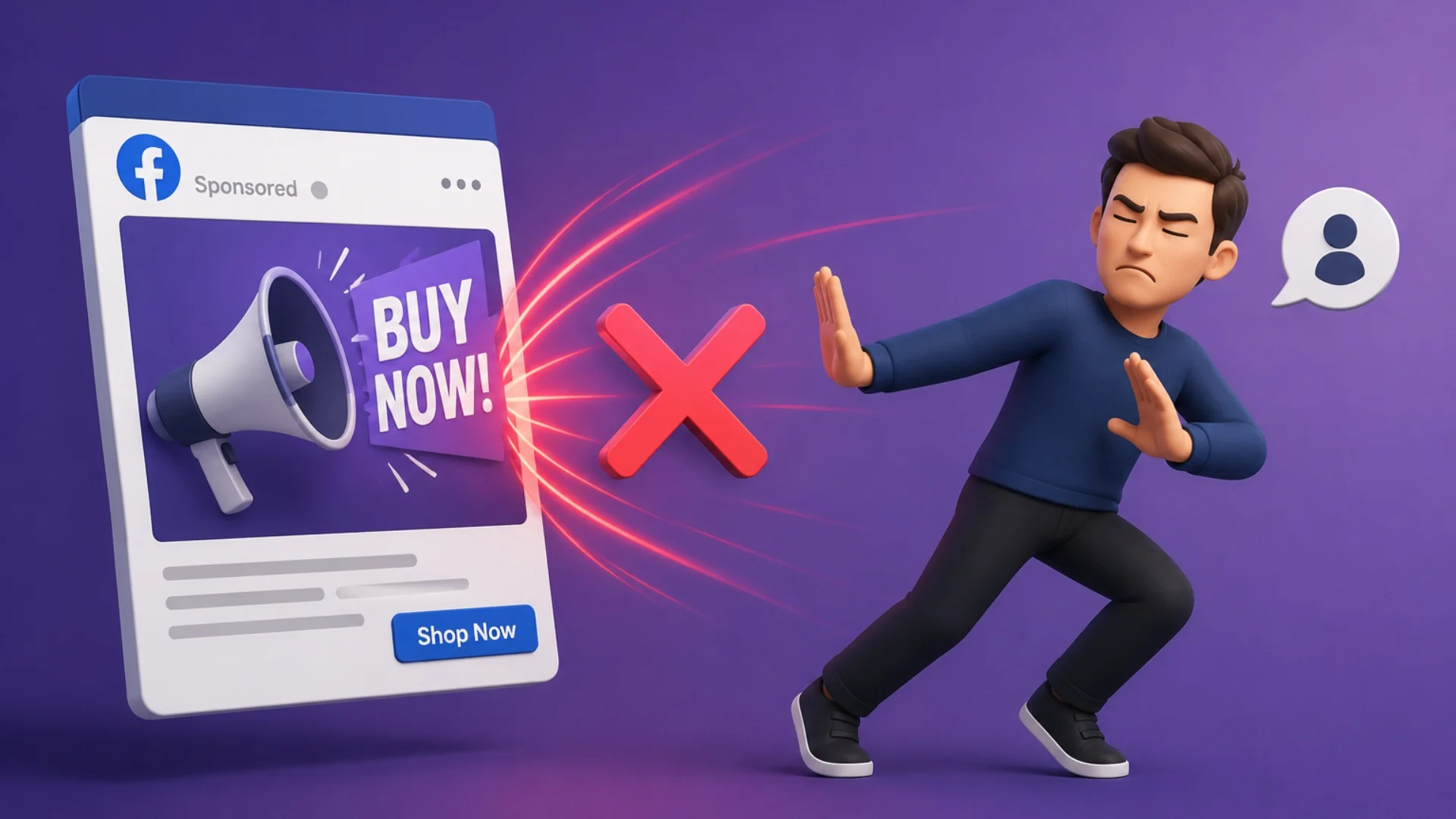 A man recoiling and pushing away a Facebook ad shouting BUY NOW through a megaphone, with a red X between them