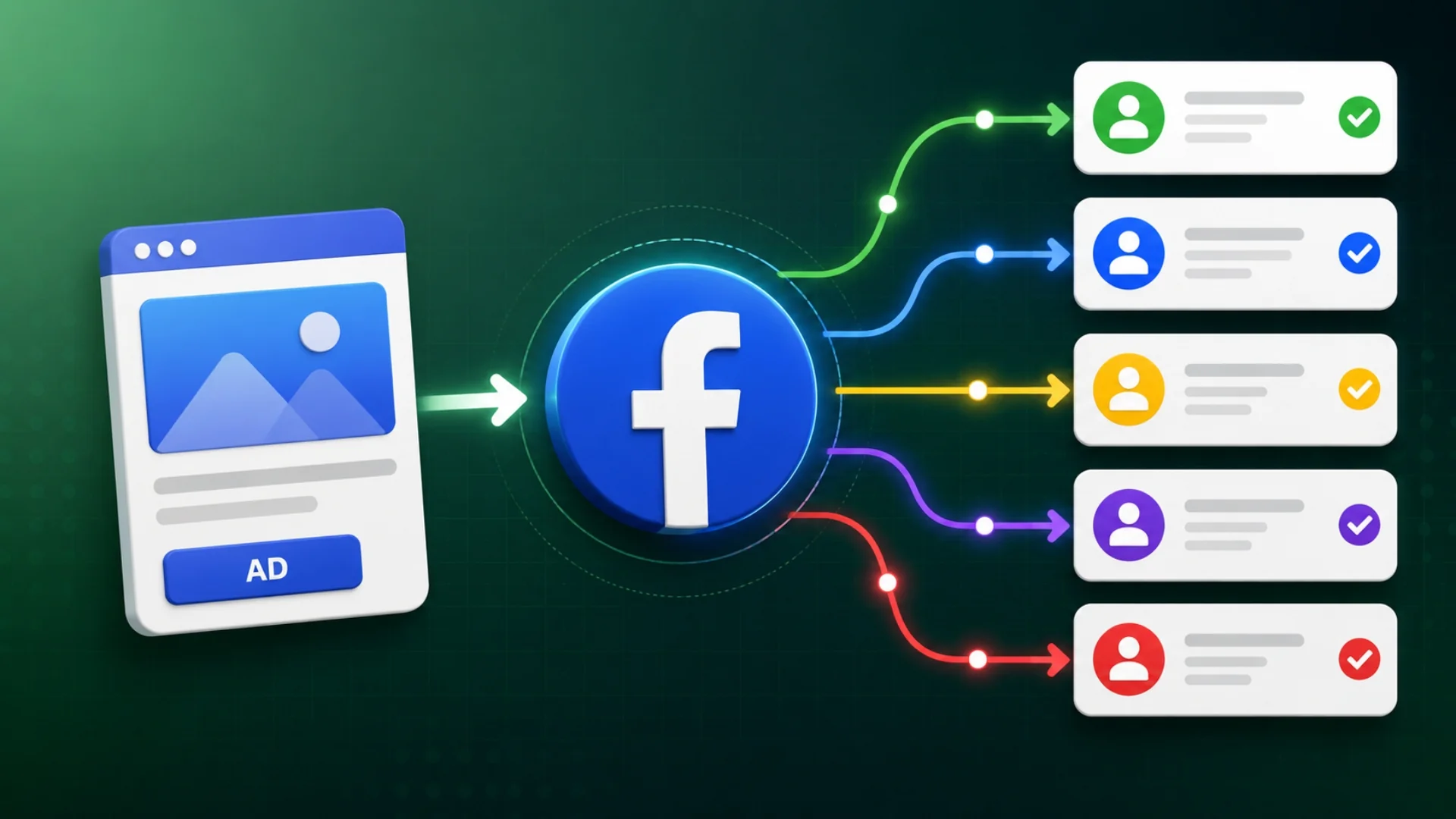 A Facebook logo routing one ad out to five different colored customer profiles, each with its own checkmark, on a dark green background