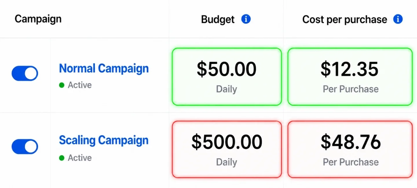 A Facebook Ads Manager comparison of a Normal Campaign at $50 a day with a $12.35 cost per purchase in green beside a Scaling Campaign at $500 a day with a $48.76 cost per purchase in red