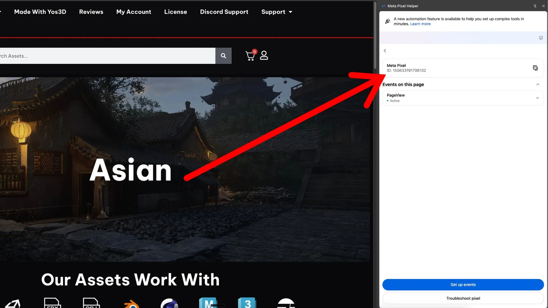 The Meta Pixel Helper panel showing a PageView event marked Active, the Meta pixel loading normally on the page
