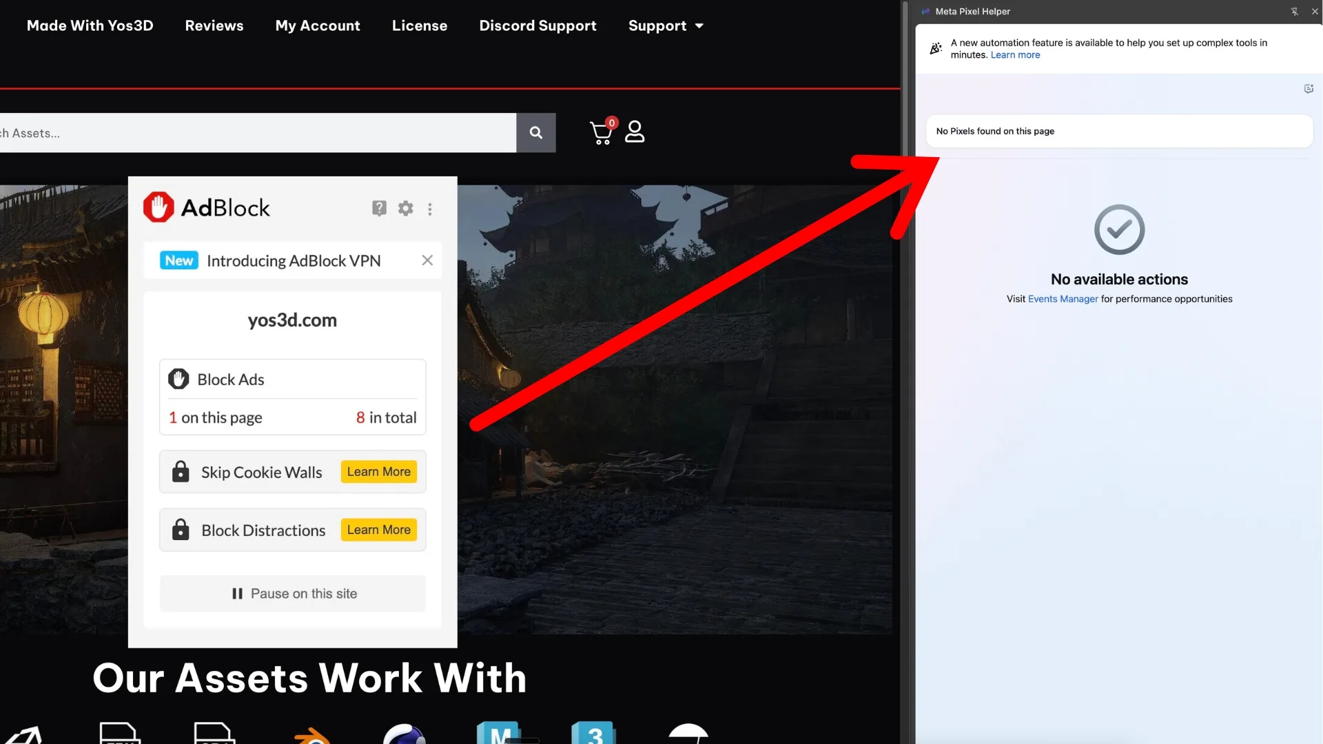 The Meta Pixel Helper reading No Pixels found on this page while an AdBlock popup shows it blocking the site