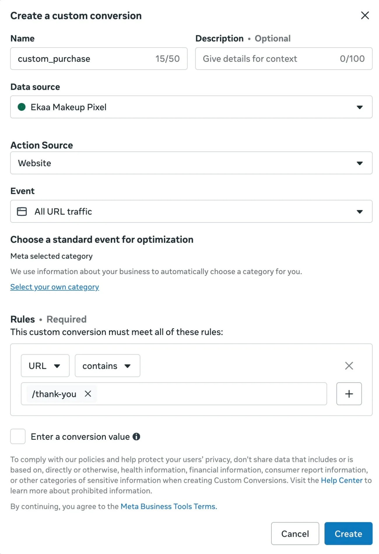 Meta Ads Manager Create a custom conversion dialog with a URL contains /thank-you rule and the name custom_purchase, the wrong fix for restricted categories