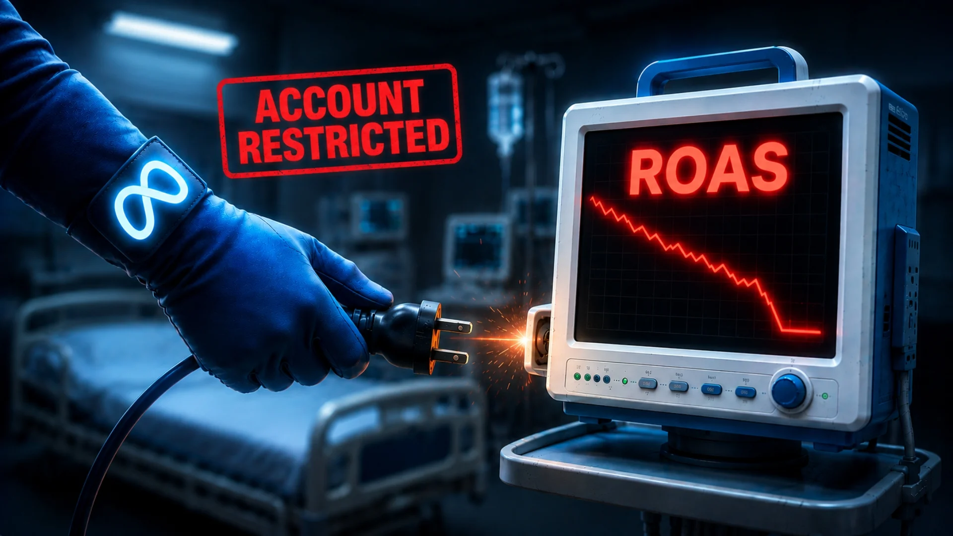 Gloved hand marked Account Restricted unplugging a hospital monitor showing a crashing ROAS line, illustrating a restricted Meta ad account