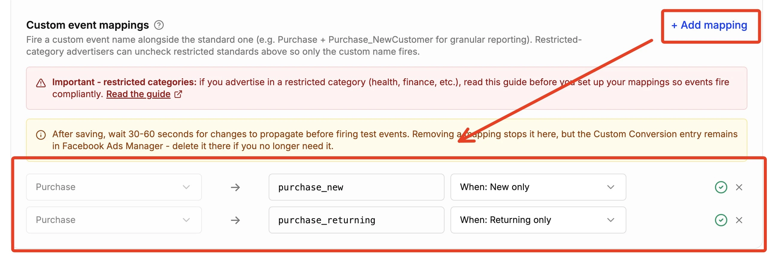 TrueMetriks custom event mapping screen mapping Purchase to purchase_new for new buyers only and purchase_returning for returning buyers only