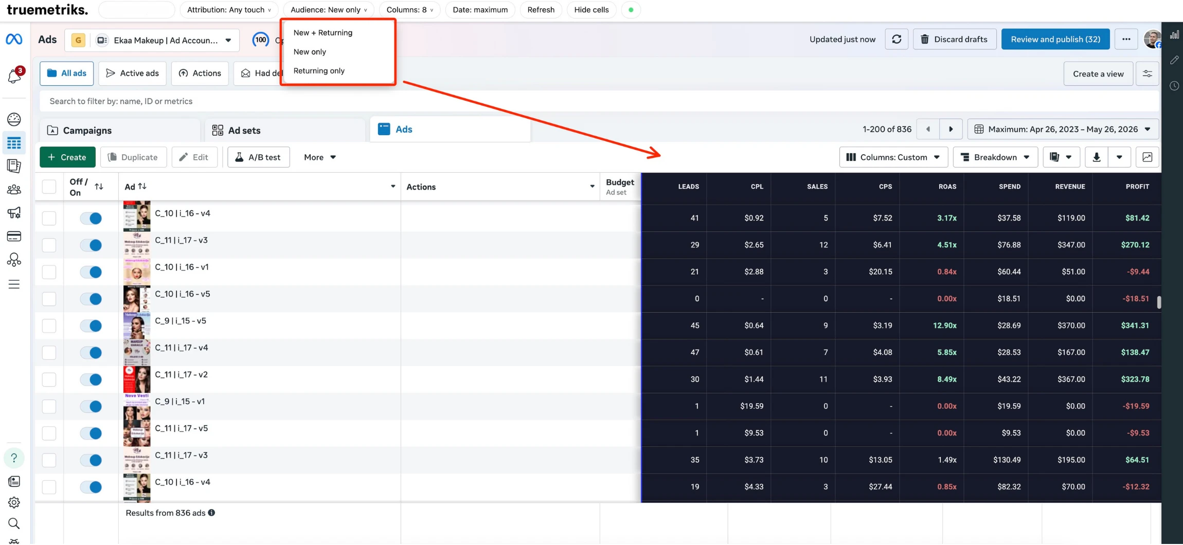 TrueMetriks Chrome extension on Facebook Ads Manager with a New versus Returning filter and leads, CPL, sales, CPS, ROAS, spend, revenue and profit columns