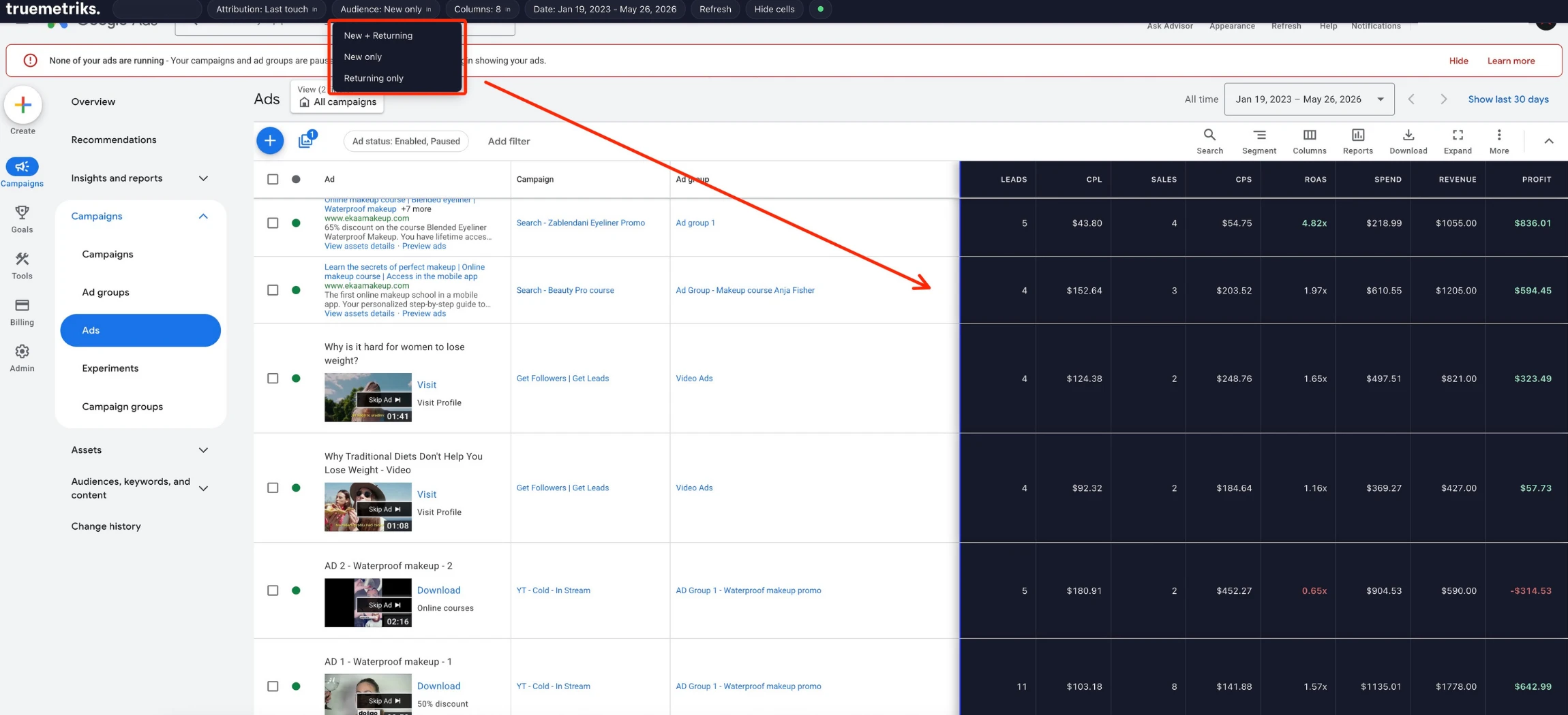 TrueMetriks Chrome extension on Google Ads with a New versus Returning filter showing leads, CPL, sales, CPS, ROAS and profit per campaign