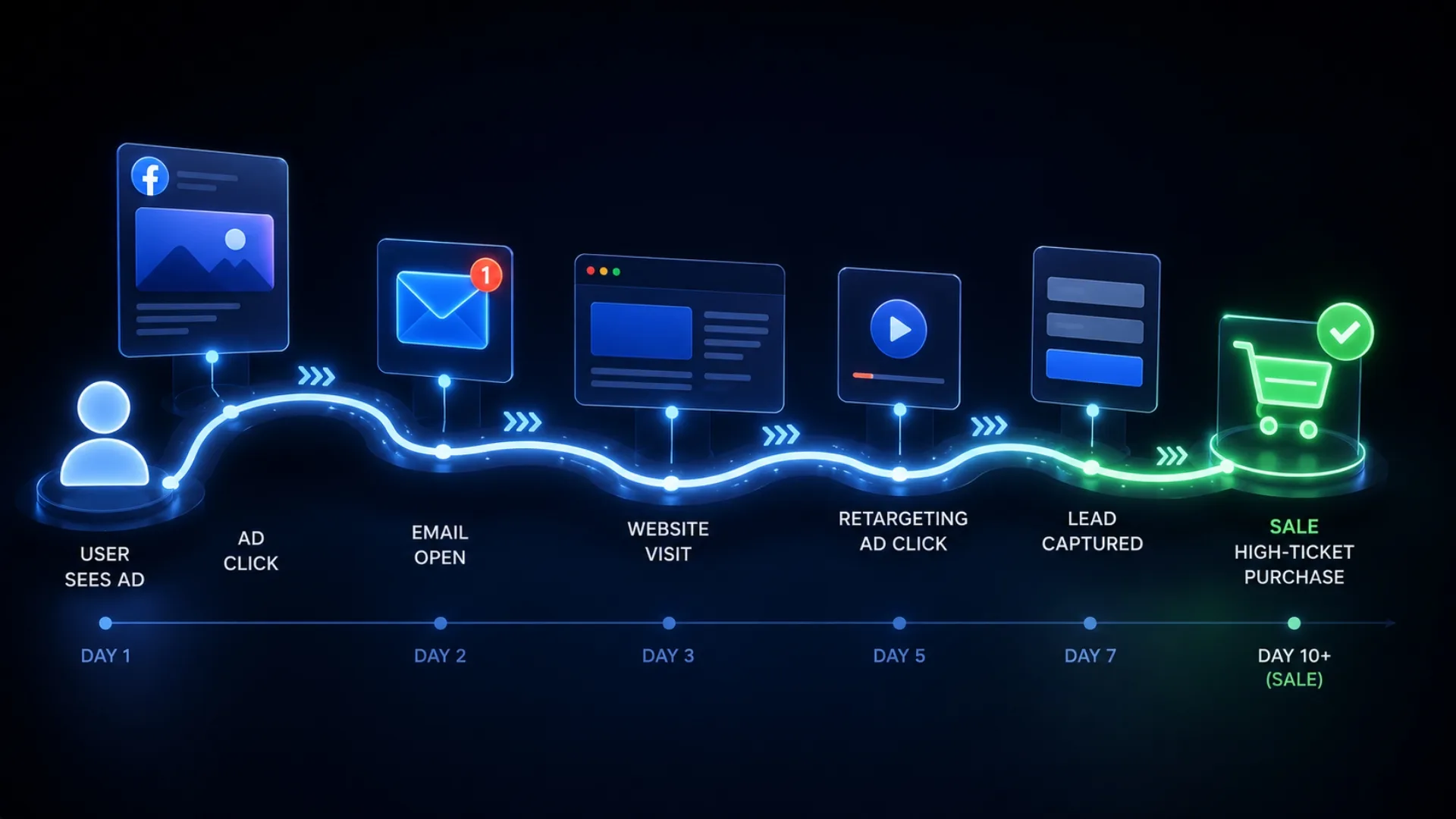 A glowing left-to-right buyer journey from user sees ad and ad click through email open, website visit, retargeting ad click and lead captured to a high-ticket purchase on day 10 plus