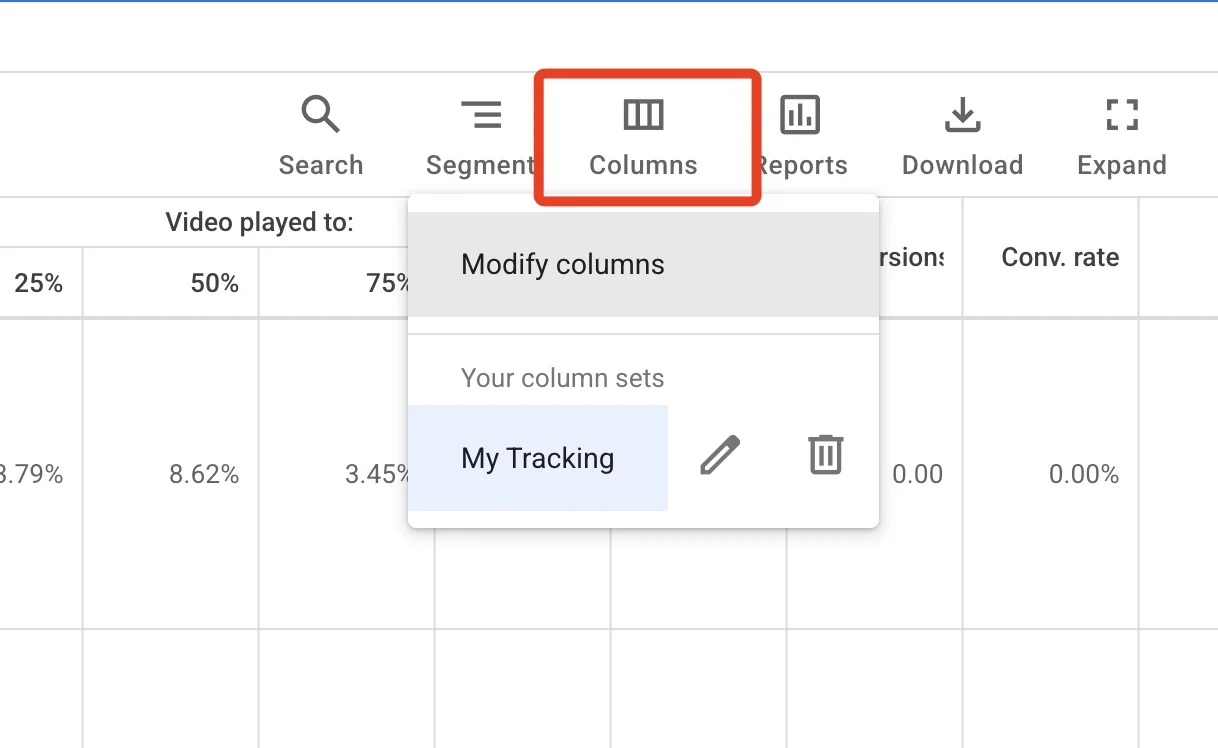 The Google Ads toolbar with the Columns button highlighted and the Modify columns menu open