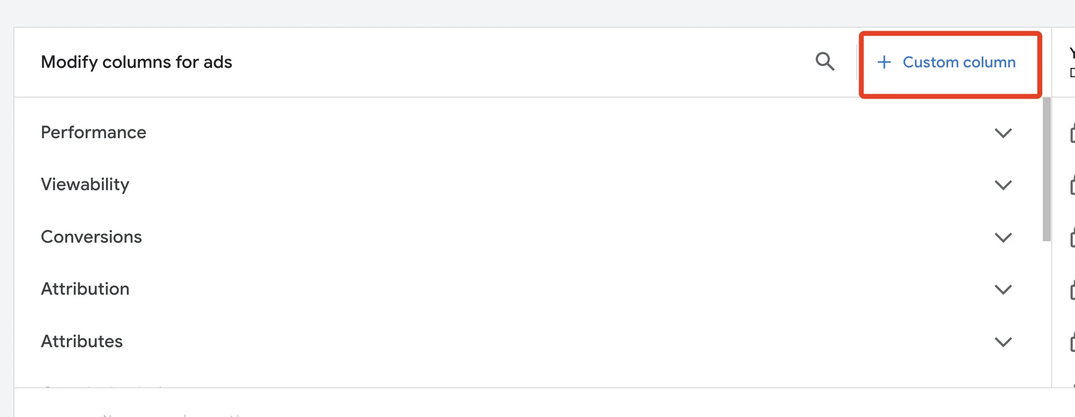 The Modify columns for ads panel in Google Ads with the plus Custom column button highlighted