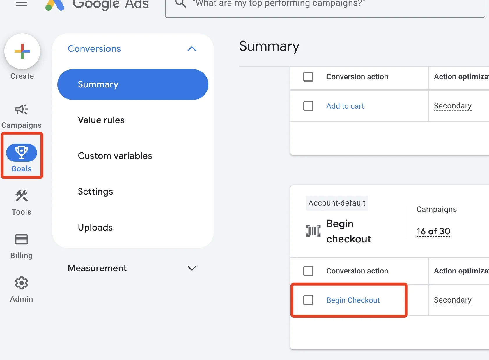 The Google Ads Goals Summary screen showing the Begin checkout conversion action