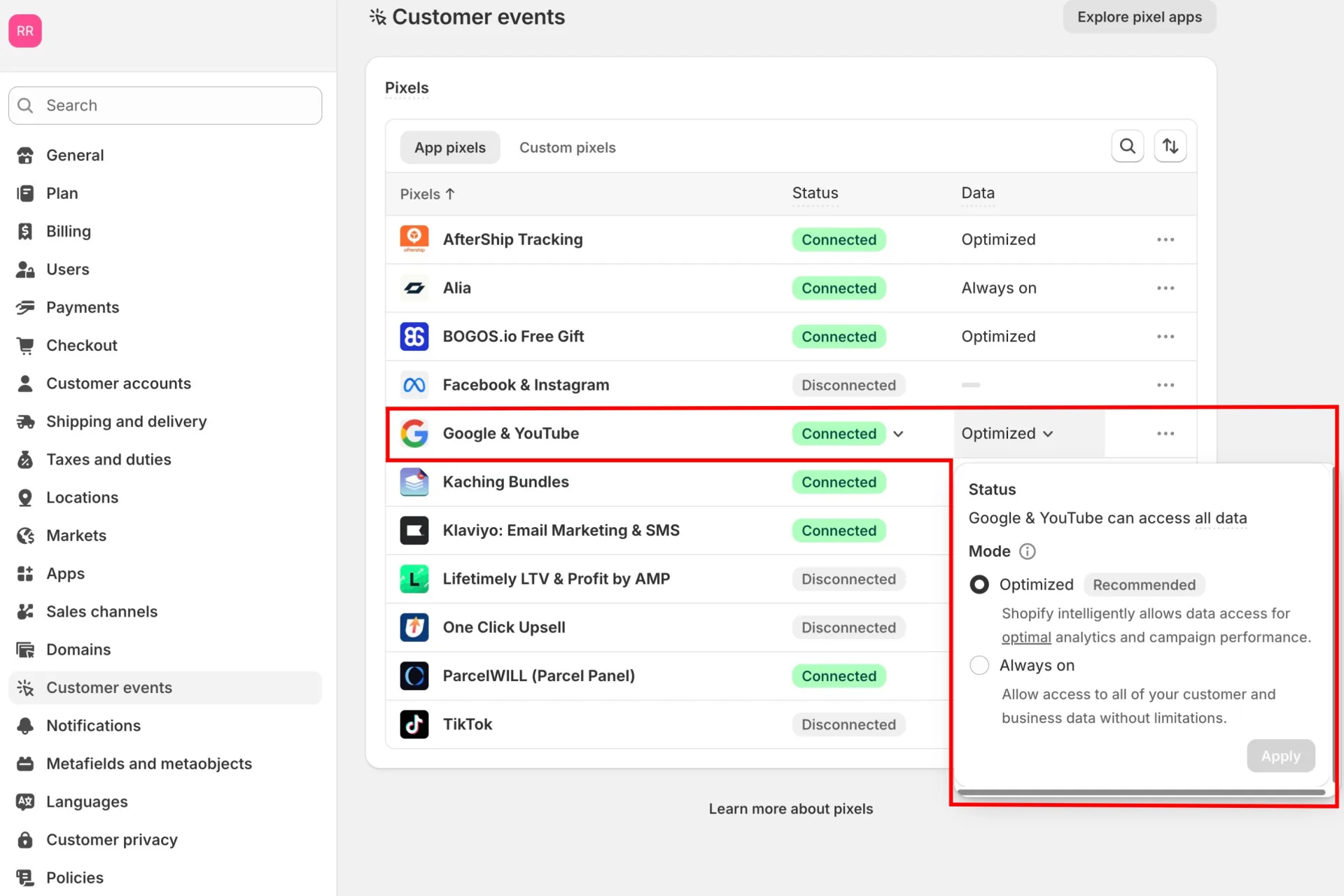 The Shopify Customer events screen showing the App pixels list with the Data column set to Optimized, and the Google and YouTube pixel mode panel highlighted in red