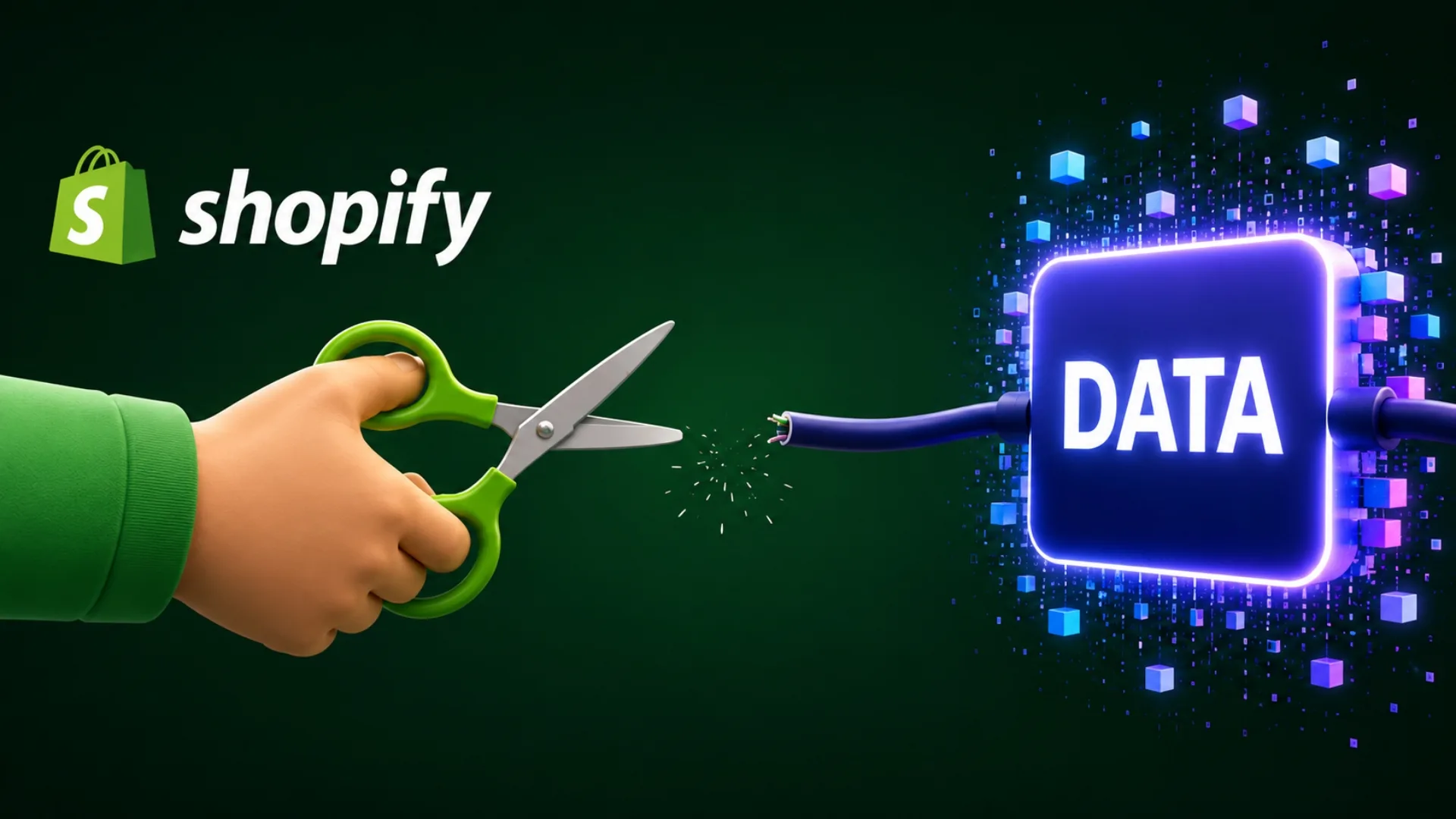 A hand with green scissors cutting a cable labeled DATA next to the Shopify logo on a dark green background