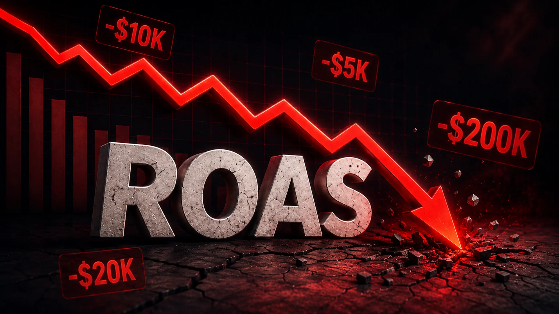 A red ROAS graph crashing through the floor with negative dollar figures, illustrating ad spend wasted by broken tracking